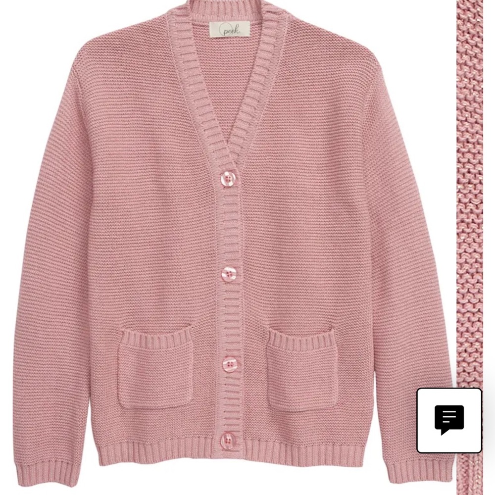 Peek girls cardigan, slightly oversized, S 6/7, gold thread throughout